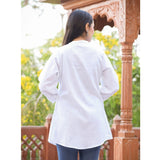 White cotton solid full sleeve band collar tunic for women, perfect casual wear with a solid pattern and short length
