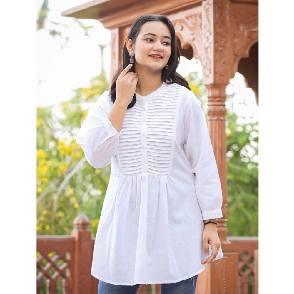 Women's cotton solid full sleeve band collar tunic in white, perfect for casual wear