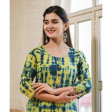 Green cotton dyed 3/4 sleeve round neck kurti for women - vibrant green color, comfortable cotton material, perfect for casual wear or events