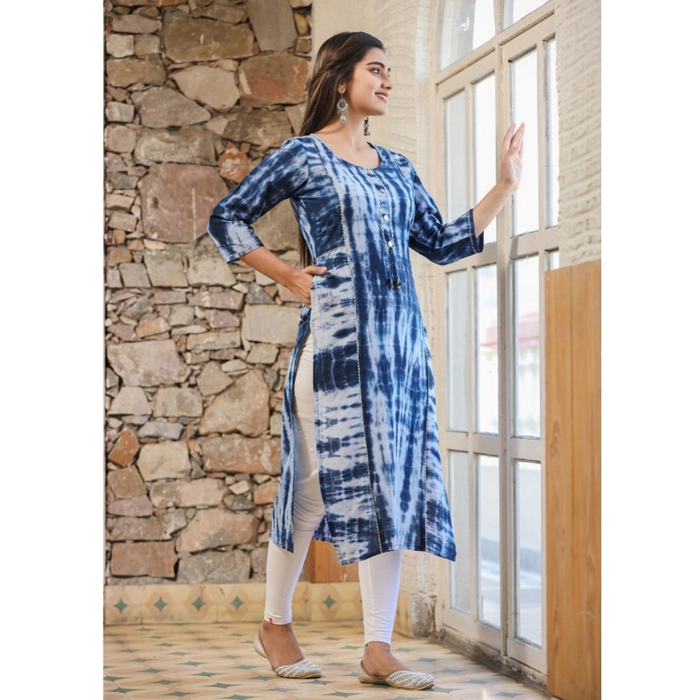 Blue cotton dyed 3/4 sleeve round neck kurti for women - vibrant dyed pattern on casual bottom wear