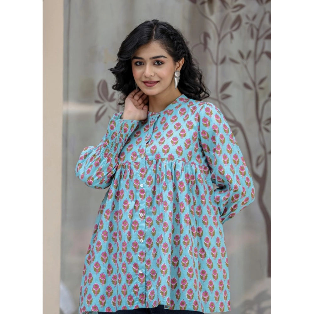 Turquoise cotton printed full sleeve mandarin collar tunic for women, vibrant pattern on short length style