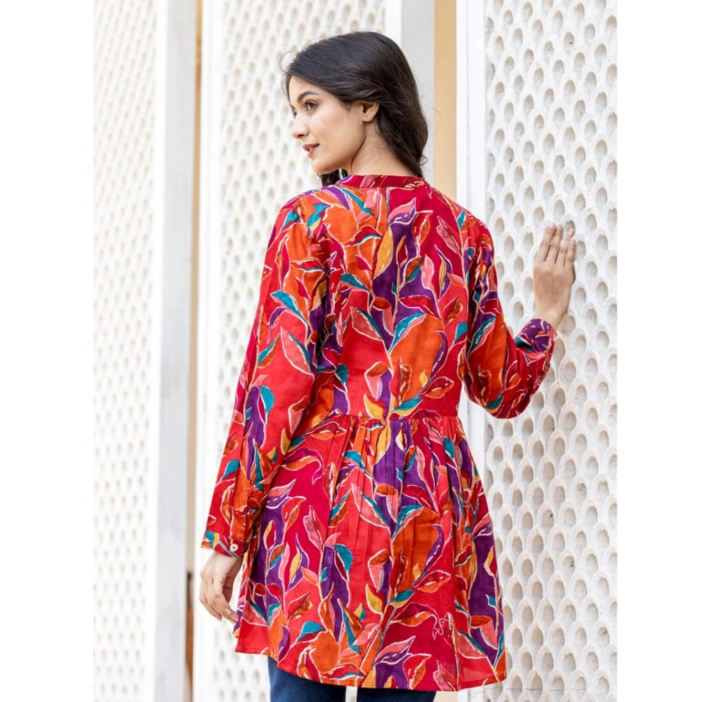 Red cotton printed full sleeve mandarin collar top with detailed pattern design