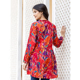 Red cotton printed full sleeve mandarin collar top with detailed pattern design