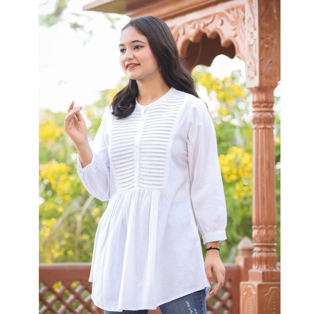 Women's white cotton solid full sleeve band collar tunic, perfect for casual wear