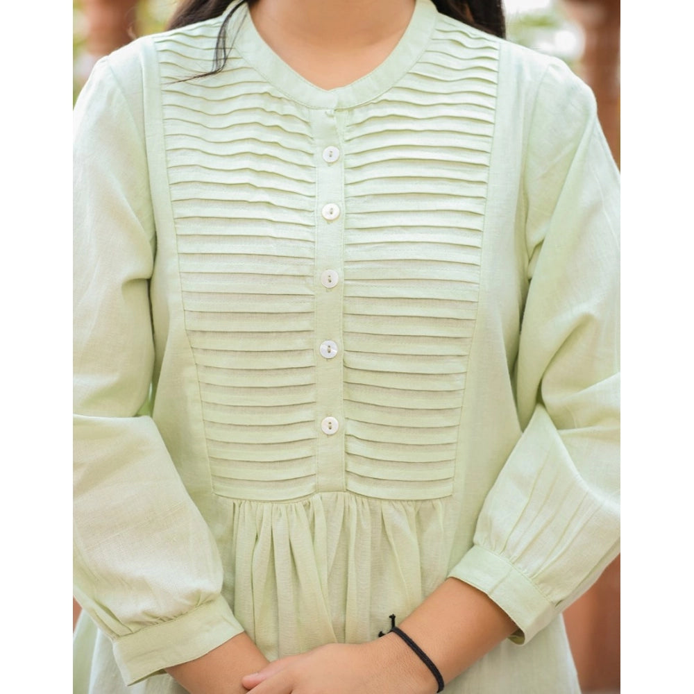 Green cotton solid full sleeve band collar tunic for women, ideal for casual wear