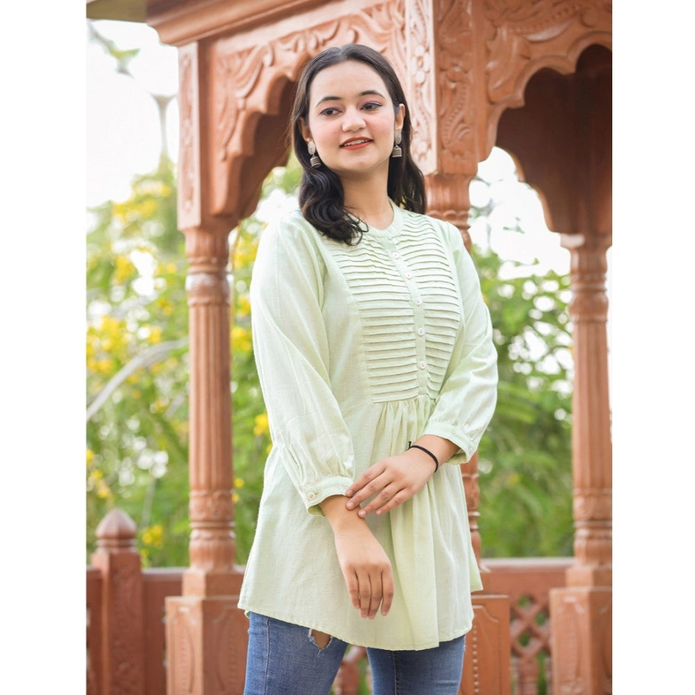 Green cotton women's solid full sleeve band collar tunic with subtle texture detail, ideal for casual wear or layering