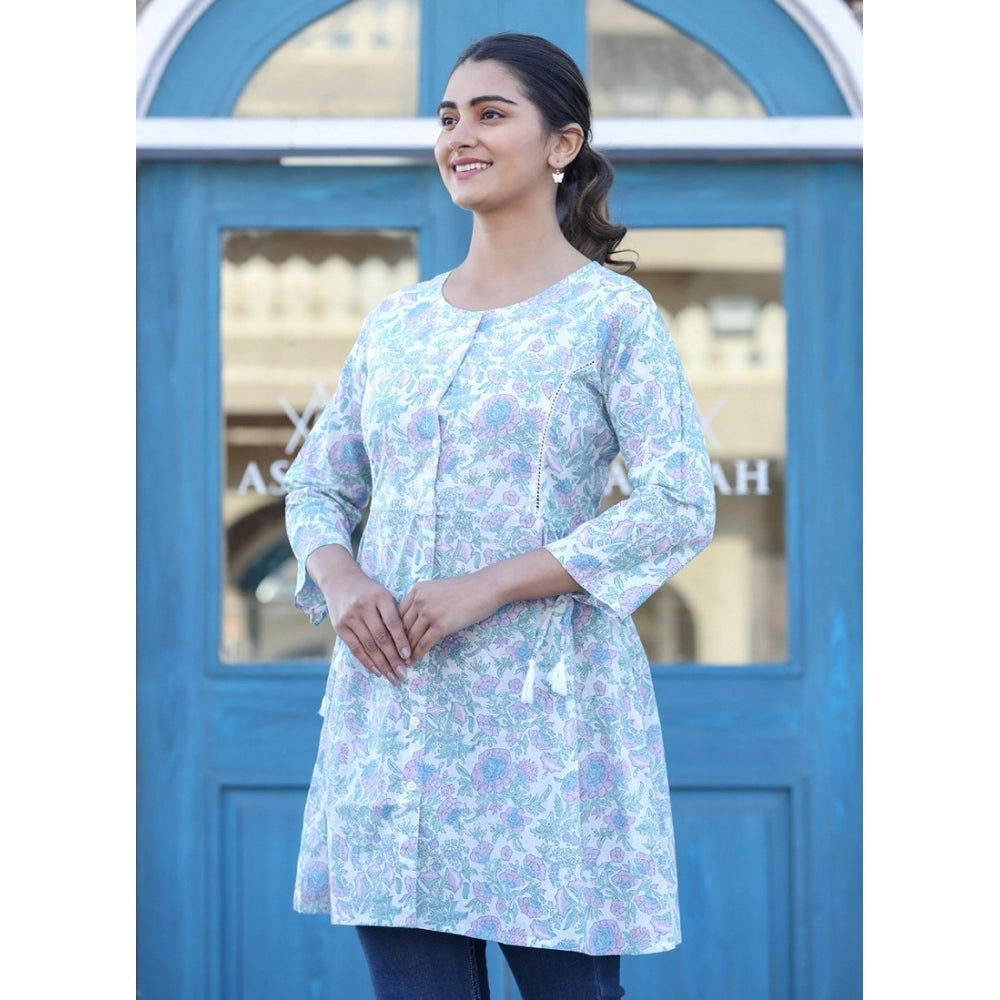 White-Purple cotton printed women's 3/4 sleeve round neck tunic on hanger