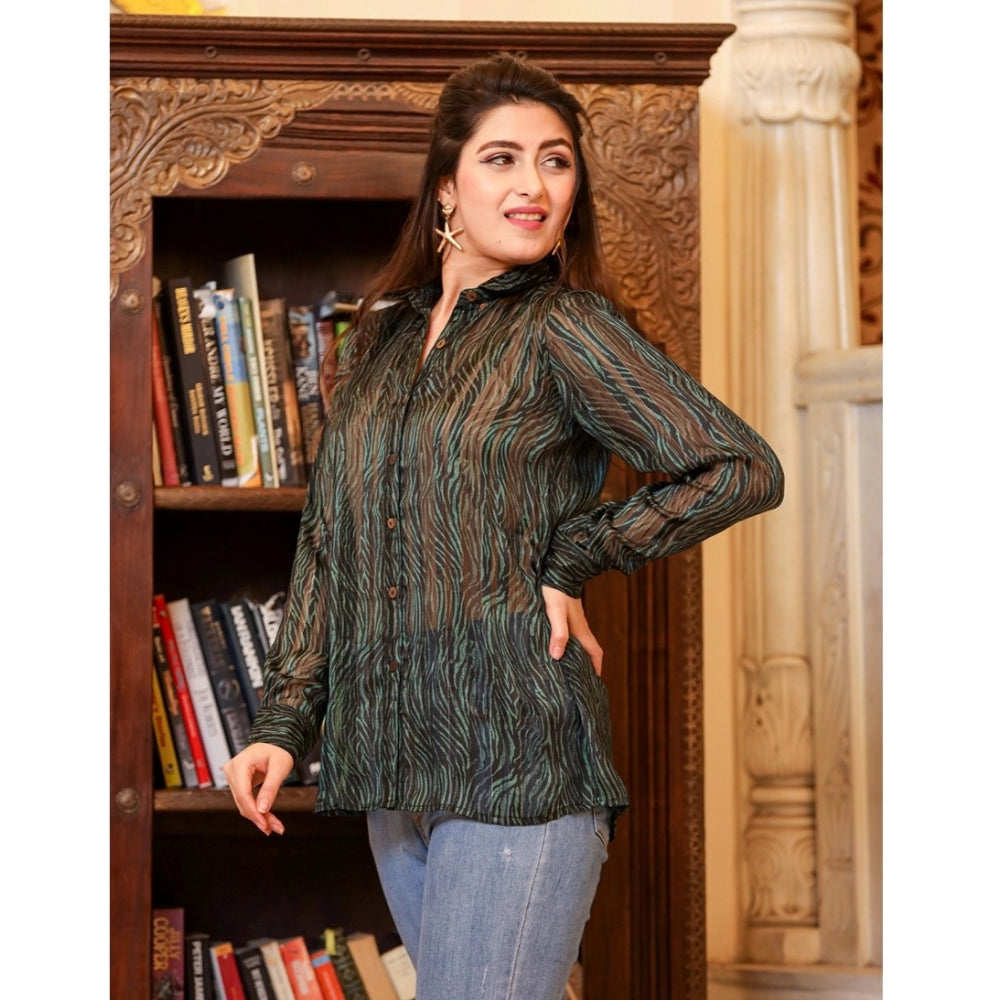 Green chiffon striped full sleeve collared shirt top for women