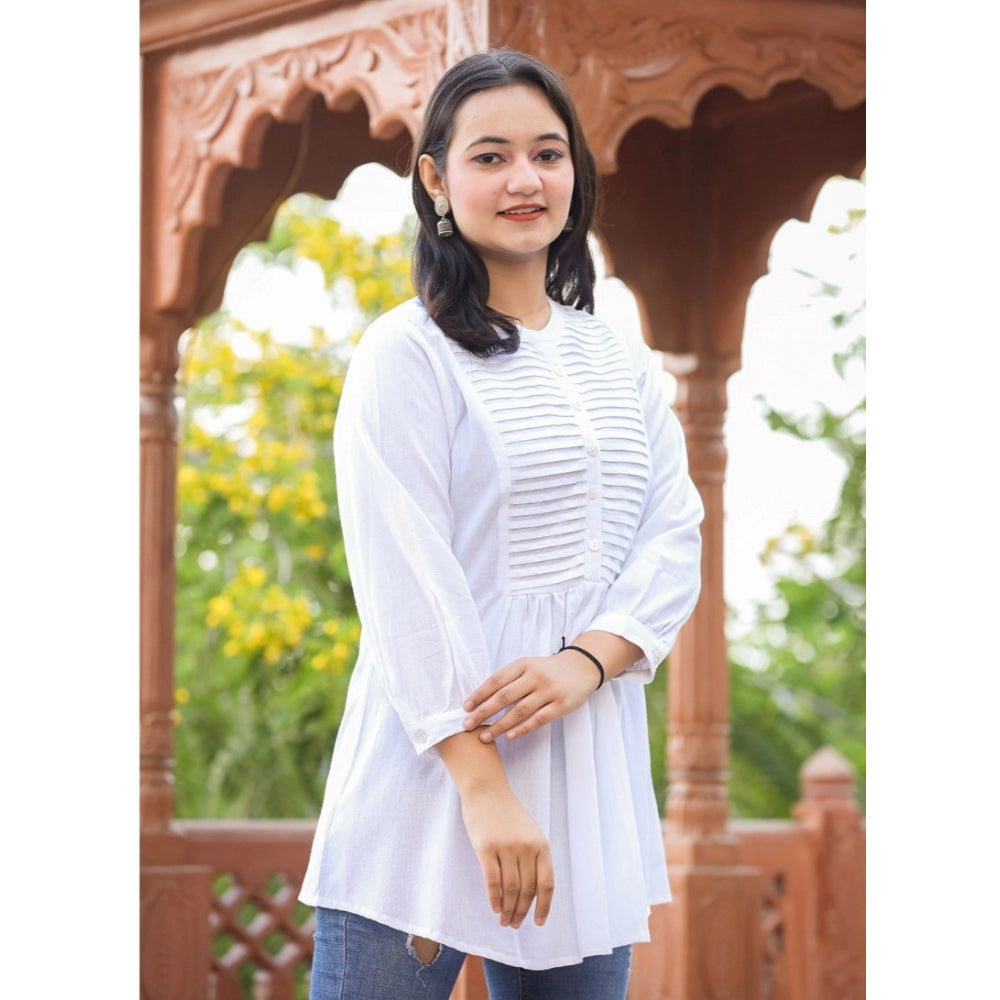 White cotton solid full sleeve band collar tunic for women, ideal for casual wear