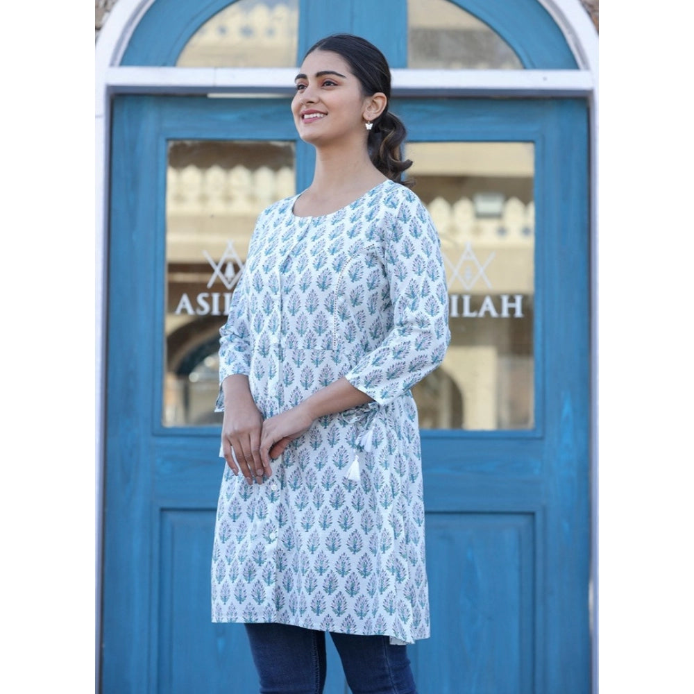 White cotton printed 3/4 sleeve round neck tunic with 34 size, vibrant pattern on casual wear