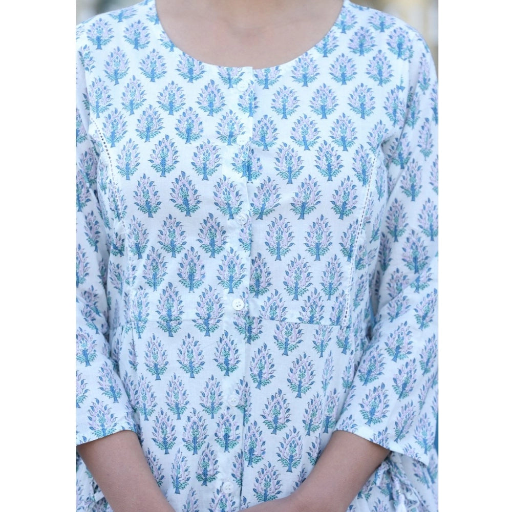 Women's cotton printed 3/4 sleeve round neck tunic, white with vibrant pattern detail