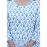 Women's cotton printed 3/4 sleeve round neck tunic, white with vibrant pattern detail