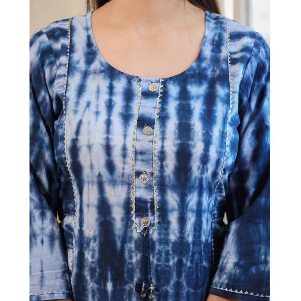 Blue cotton dyed 3/4 sleeve round neck kurti - vibrant ethnic women's fashion wear below knee
