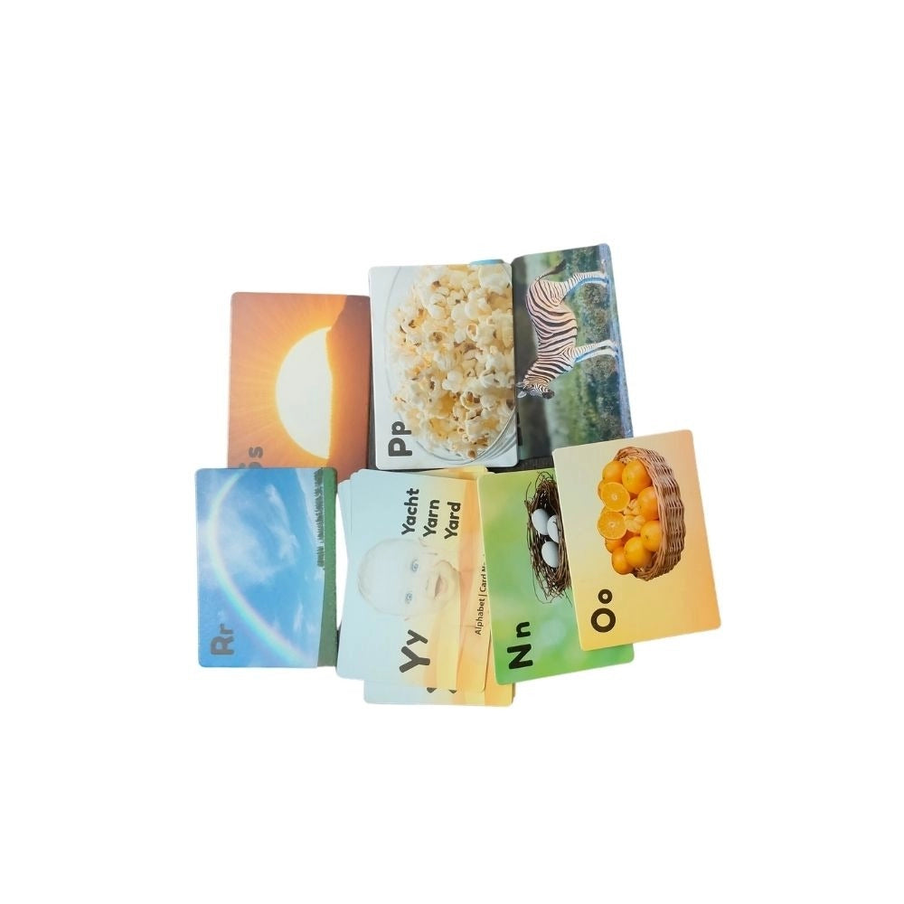 Assorted cardboard Alphapet Flashcards for educational toys, promoting learning & visual development in infants 0-12 months