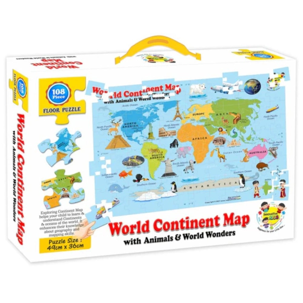 Assorted-colored cardboard World Continent Map puzzle (108 pcs) for educational fun & skill development for children aged 3+ years
