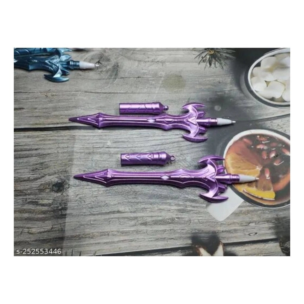 Purple star sword novelty pen set, 12 pens, plastic, stationery, with sword details.