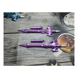 Purple star sword novelty pen set, 12 pens, plastic, stationery, with sword details.