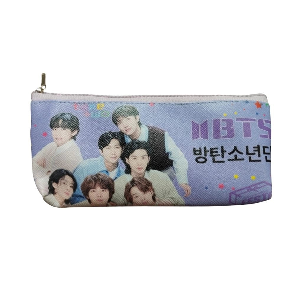 Canvas pouch, black with white design, features K-pop band BTS, suitable for stationery or gifts