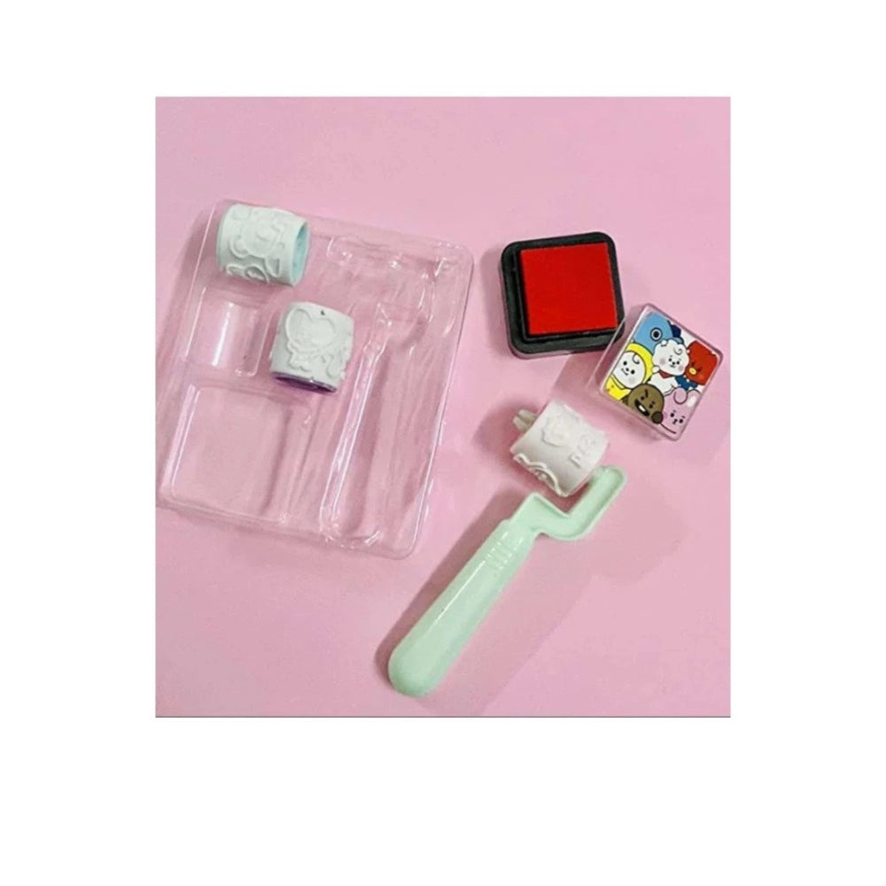 Roller seal stamp set with ink pad for DIY kids, ideal for handle rubber stamp, 2 rollers for sealing, 3+ years age-appropriate stationery
