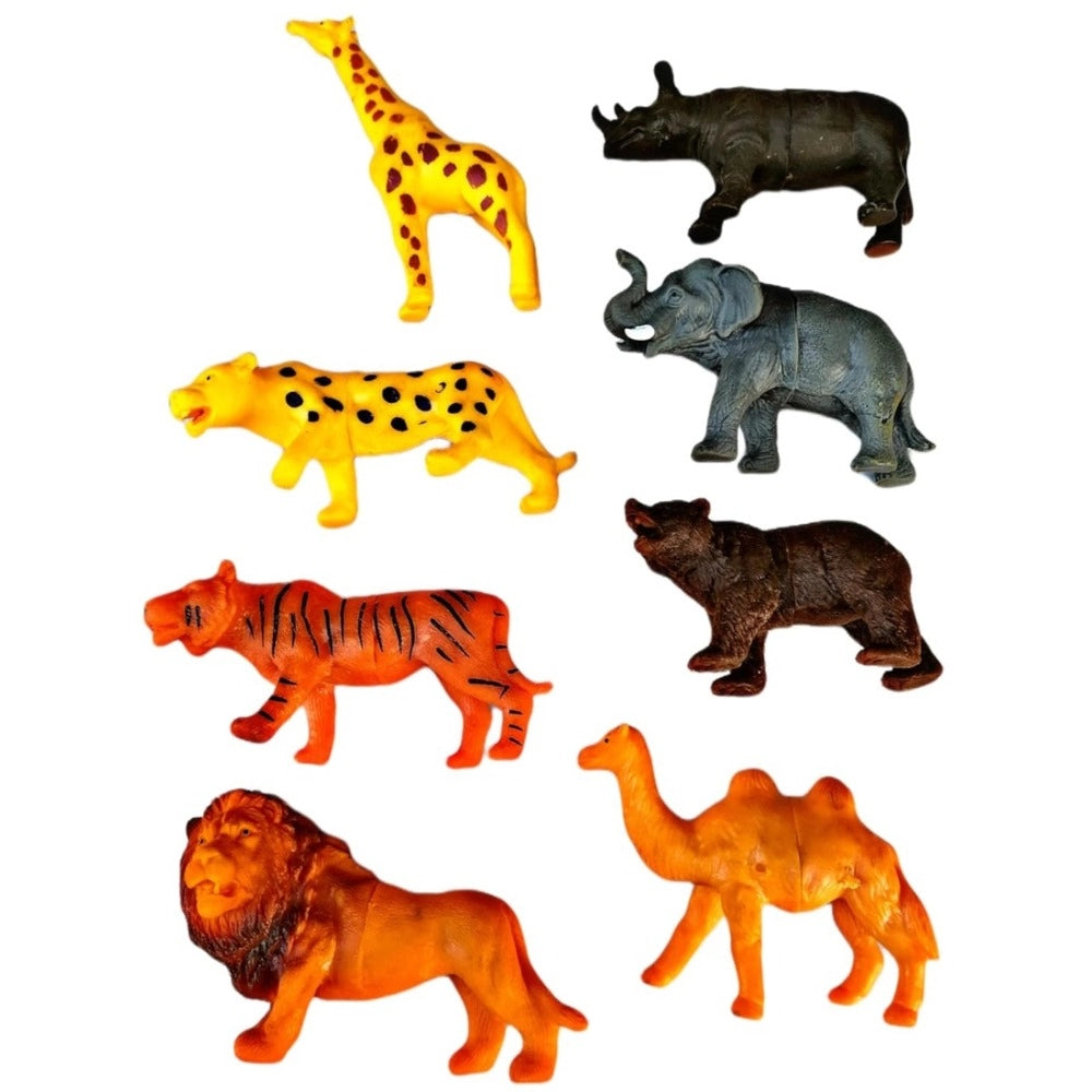 Assorted cardboard wild PVC animal figures set (Tiger, Cheetah, Giraffe, Elephant, Rhino, Lion, Camel, Bear) - Ideal educational toys for kids aged 5+ years