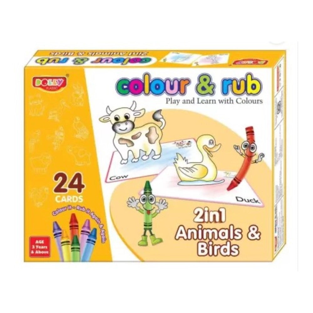 Assorted cardboard Animal & Bird Colour & Rub set for children's learning, includes 24 cards, 12 crayons, and 1 duster