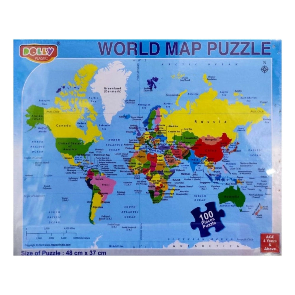 Assorted-colored, 100-piece cardboard world map puzzle for kids aged 3+ years, ideal for enhancing educational skills
