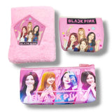 Black pink BTS stationery set: 3 pouches, soft fur, with pink features & stars.