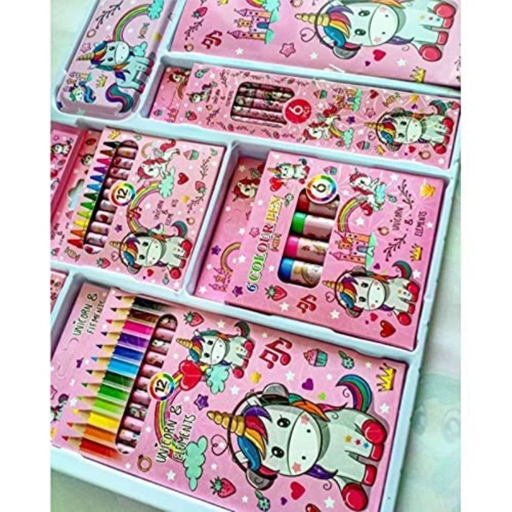 Assorted metal unicorn stationery kit with pencils, crayons, eraser, sharpener, scale, sketch colors, drawing book - perfect for kids' birthdays and returns