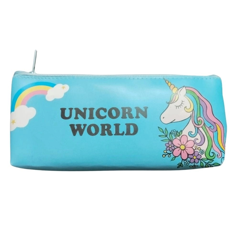 A pack of two pencils with a canvas case featuring a unicorn design, associated with 'Unicorn World', suitable for stationery and within 3+ years