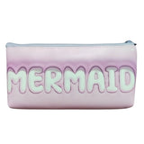 Pink canvas pencil pouch with 'mermaid' text, suitable for stationery use