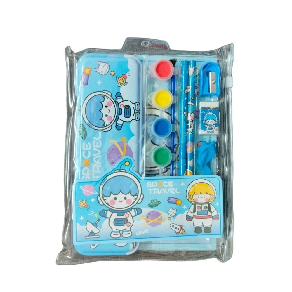Assorted plastic space travel theme pencil box set for kids aged 3+, perfect for satisfying stationery needs
