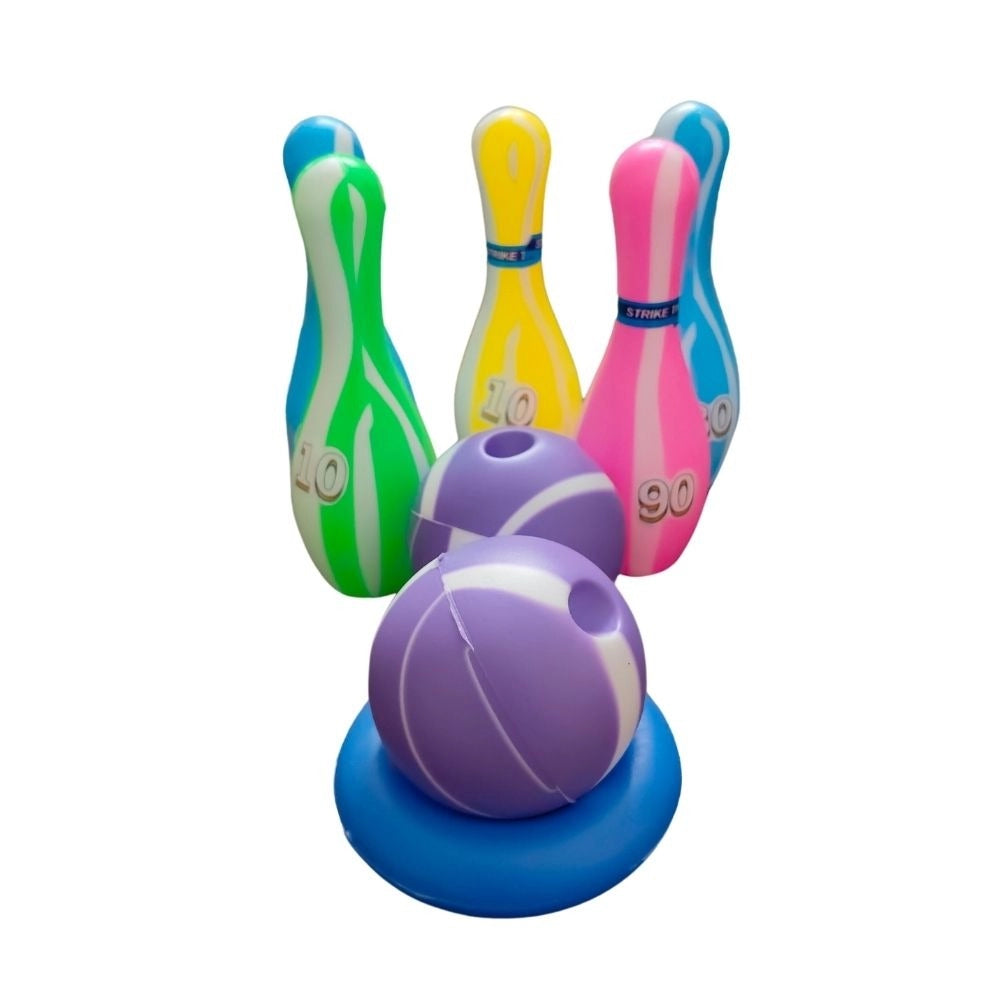Plastic junior bowling set with 5 bottles, 2 balls, and 1 ball stand ring - ideal indoor toy for 1+ years (assorted colors)