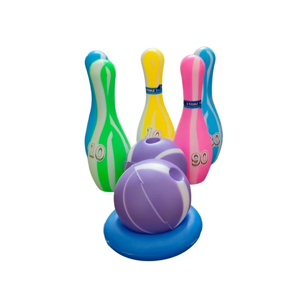 Assorted color, plastic junior bowling set with 5 bottles, 2 balls, and 1 ball stand ring. Ideal for indoor play for children aged 1+ years