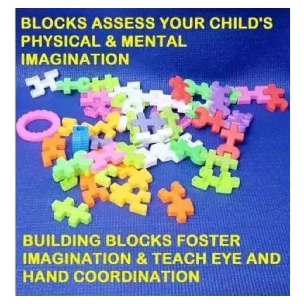 Colorful plastic blocks, 44pcs, for hand eye coordination & imagination play.
