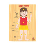Assorted wooden body parts learning puzzle board for kids age 3+. Promotes hand-eye coordination, fine motor skills, and problem-solving