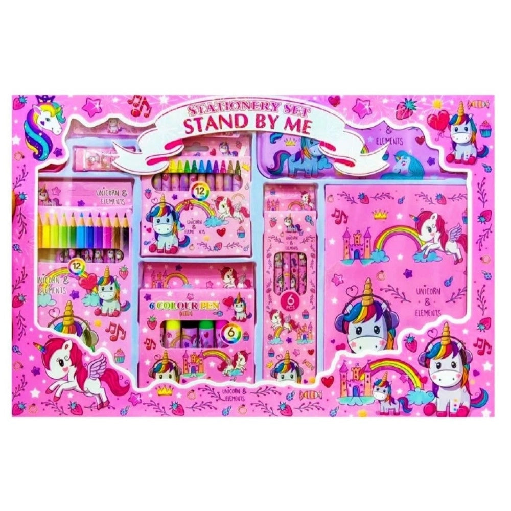 Assorted metal unicorn stationery kit: pencil box, pencils, eraser, sharpener, scale, colorful pencils, crayons, sketch colors, drawing book - perfect for kids' birthday or return gifts