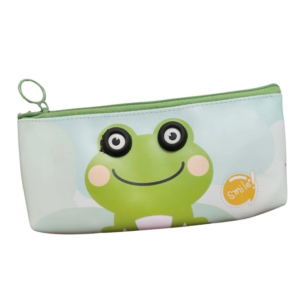 Cartoon pencil case with a frog character, designed for kids ages 3 and up. The case has two compartments. It is made of canvas material