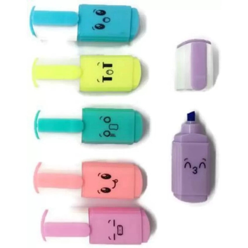 A set of four colorful, highlighter pens in a clear plastic container with multiple slots