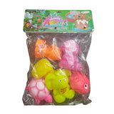 Assorted rubber Chu Chu animal toys for 6+ months, stimulating sight, sound, touch, and hearing during bath time play