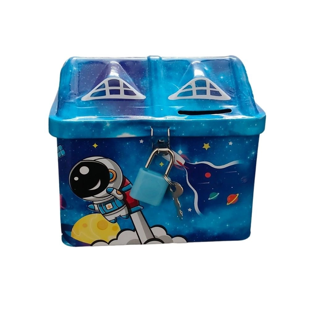 Metal house bank toy for children aged 1+ years, featuring assorted colors and a secure lock and key, promoting savings education
