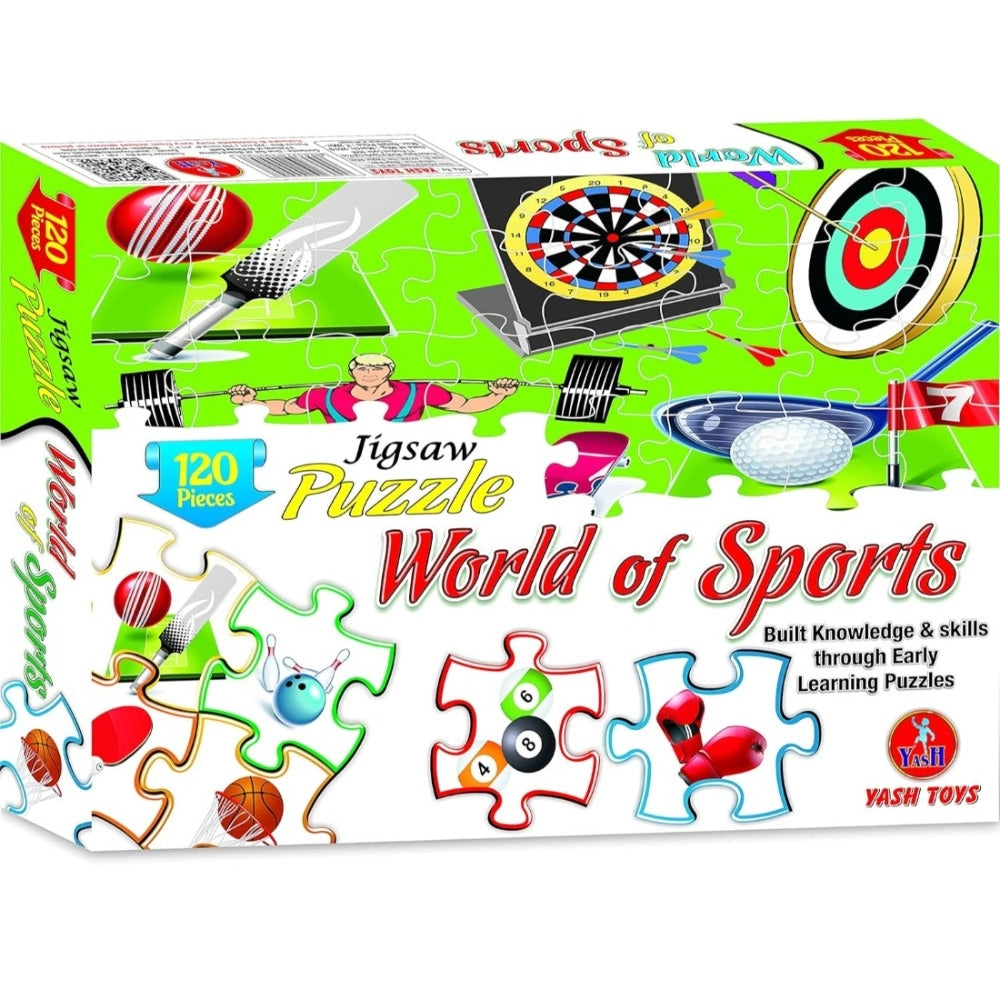 Colorful 120-piece "World of Sports" jigsaw puzzle, cardboard, features basketball, golf ball, and bowling ball.