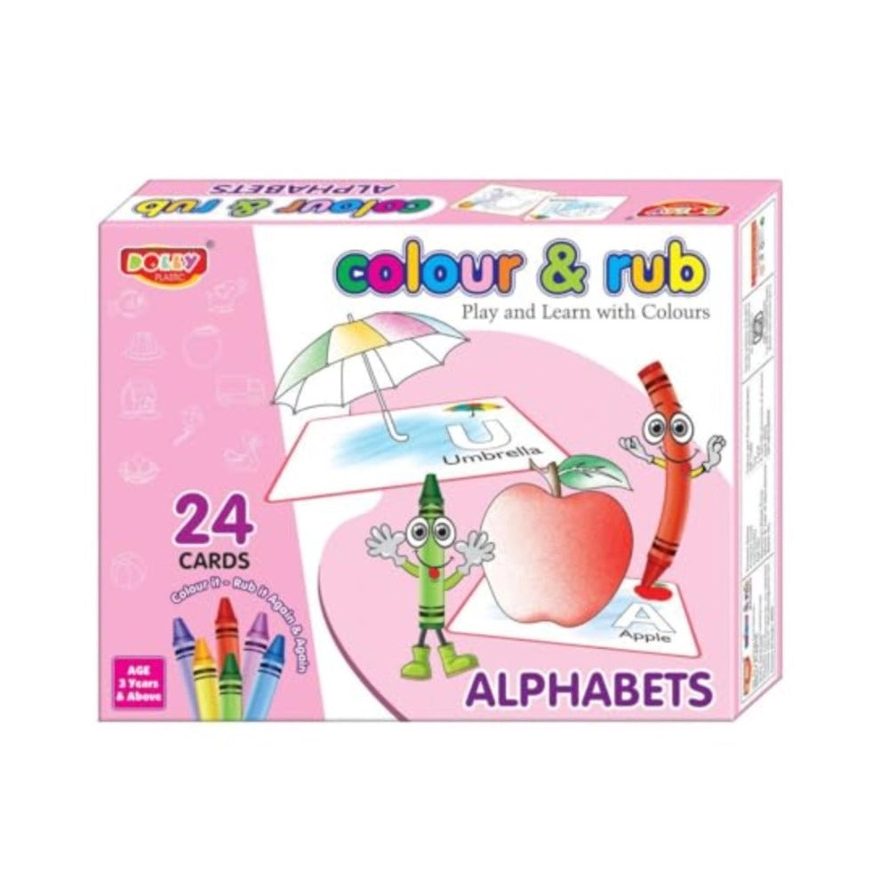 Assorted cardboard Alphapet Color & Rub set with 24 reusable alphabet cards, promoting learning for kids aged 3+, developing brain thinking and enhancing eye-hand coordination