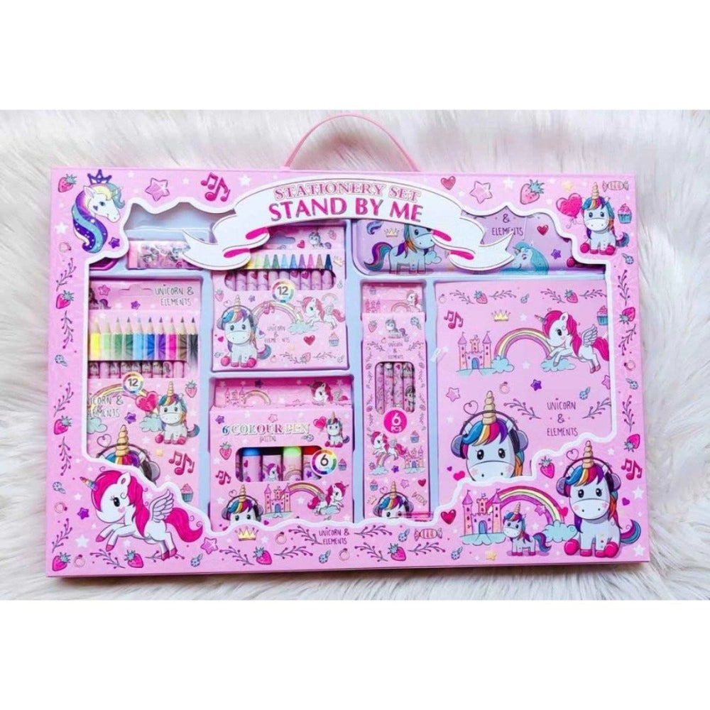 Assorted metal unicorn stationery kit with pencils, crayons, sharpener, scale, eraser, drawing book - ideal for kids' birthdays or returns