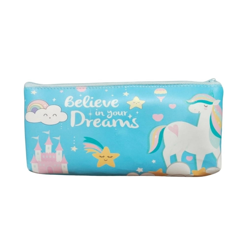 Believe in your dreams pencil pouch, blue canvas with white unicorn, for stationery, 3+ years