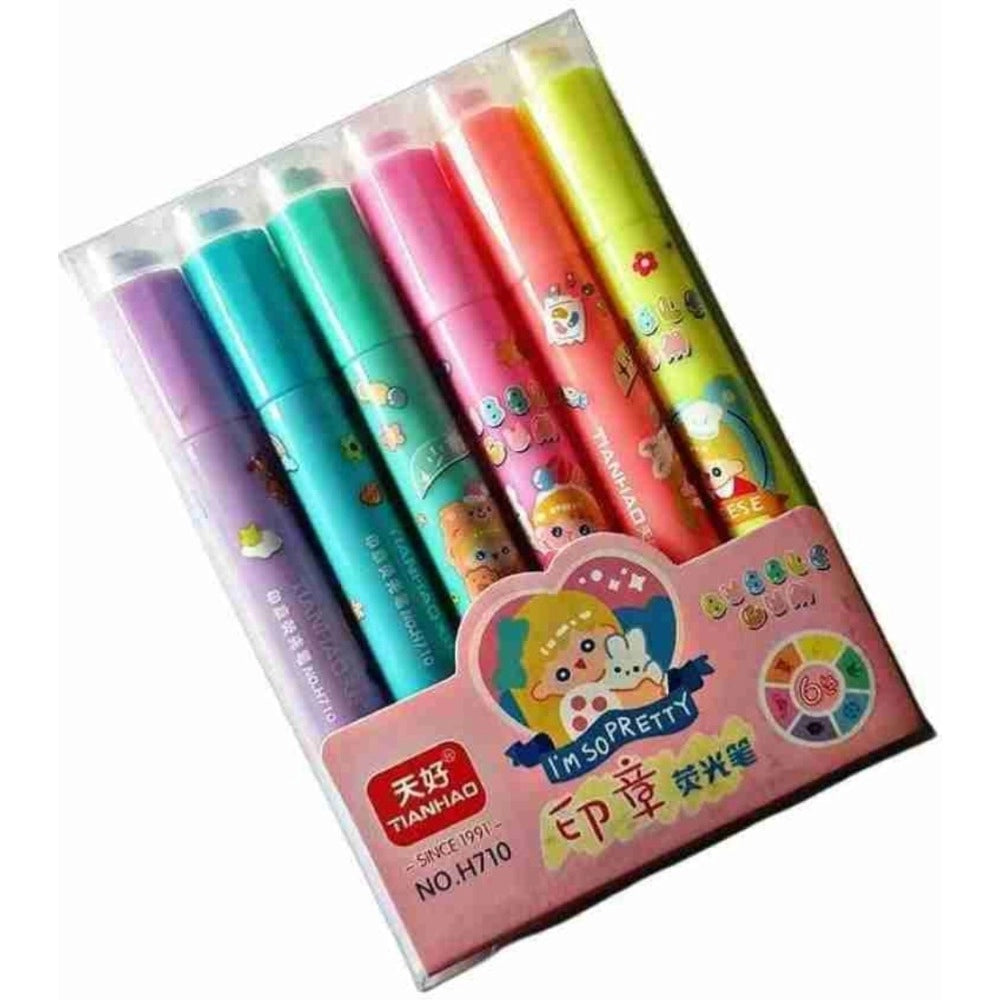 Assorted plastic 2-in-1 stamper marker pen set with water based ink for stationery. Ideal for creating elegant mark lines and writing, on desk display