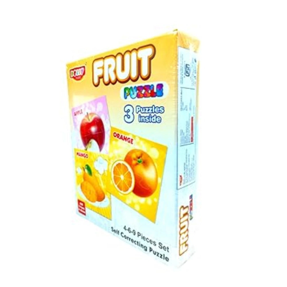 Assorted cardboard fruit puzzle set for toddlers, includes apple, mango, orange puzzles with varying difficulties