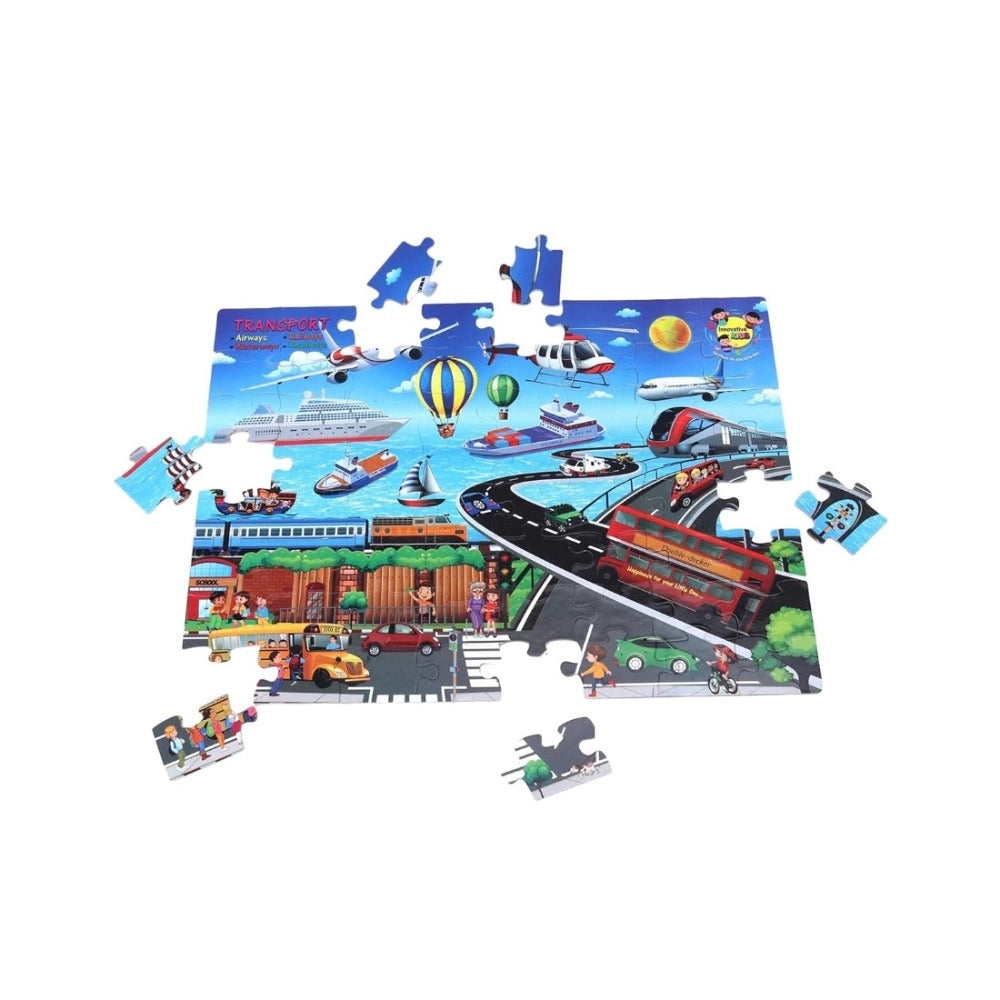 Assorted cardboard transport puzzle set (64 pcs) for educational play, enhances cognitive skills in children aged 4+