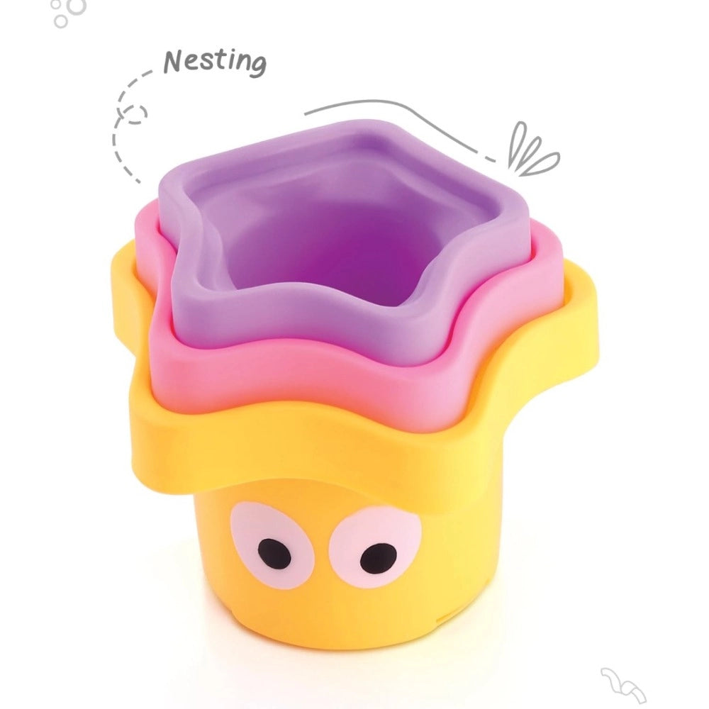Assorted plastic monster stacking cups for children 5+, fostering motor skills & spatial cognition development