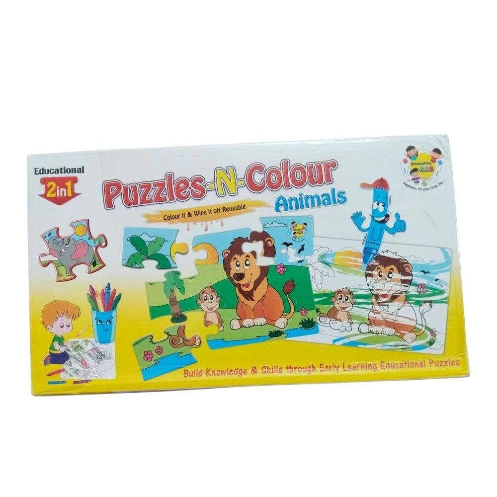 Colorful 2-in-1 cardboard puzzle with cute animals for early learning.