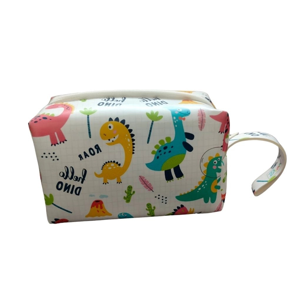 Dinosaur-themed canvas pouch, likely stationery, with a design that includes dinosaurs and text, intended for children aged 3 or above